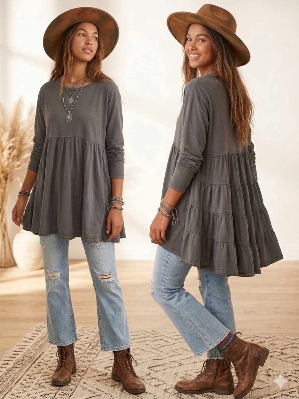 Easel Grey 100% Cotton Tiered Babydoll Tunic Top Twirl Fairycore Boho